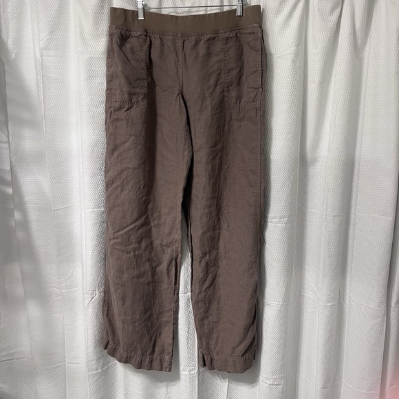 stem Pants - Stem Linen Wide Leg  Brown Coastal Elastic Waist Pockets L Tall Lagenlook Artsy